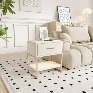 Zertifiziert Beiger Samt-Nachttisch mit Schublade, offenem Regal und RGB-LED-Licht – Goldfarbener Metallrahmen