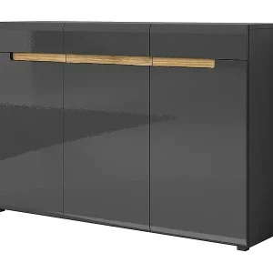 Neue Kollektion Design-Kommode LUCIA, 3 Türen und 3 Schubladen. Farbe glänzend Grau und Eiche.