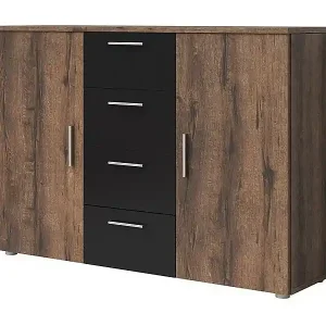 Sonderaktion Kommode mit 2 Türen und 4 Schubladen 130cm. Kollektion IRINA in dunkler Eichen- und schwarzer Nachbildung.