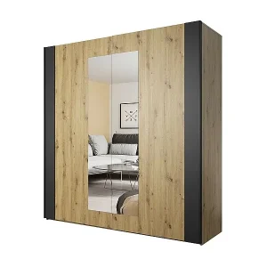 Nur Für Kurze Zeit Kleiderschrank 200cm. 2 Schiebetüren mit Spiegeln in hell Eichenfarbe und Schwarz. Kollektion FOX