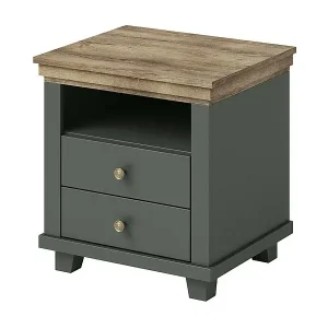 Kostenloser Versand Nachttisch ASSIA – 2 Schubladen + 1 Fach – Khakigrün und Eiche – Zeitgenössischer Stil