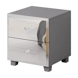 Nachttisch mit zwei Schubladen, grauer Korpus und Fronten mit Spiegeln der Kollektion LIVORA. Sonderaktion