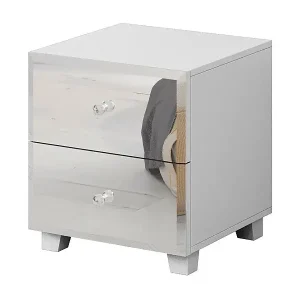 Nachttisch mit zwei Schubladen, weißer Korpus und Fronten mit Spiegeln der Kollektion LIVORA. Neu Im Sortiment