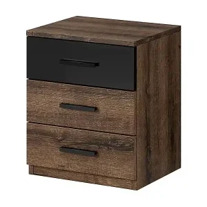 Bestpreis Nachttisch mit drei Schubladen, Kollektion FLOYD. Farbe dunkle Eiche und glänzendes Schwarz.