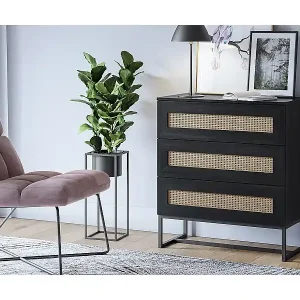 Gratis Versand Sideboard mit 3 Schubladen in Schwarz mit Rattan-Einsätzen, 80 cm - KERALS