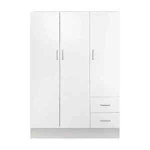 Kleiderschrank mit drei Türen und zwei Schubladen mit Einlegeböden und Kleiderstange, Farbe weiÃŸ, MaÃŸe 120 x 170 x 50 cm Echt