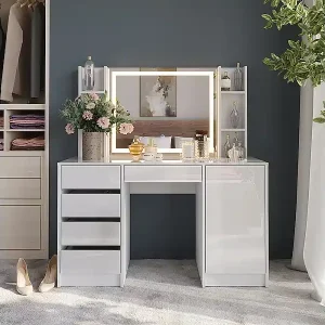 Gratis Versand Schminktisch weiß/weiß hochglanz 128.2x50.1x76 sherry