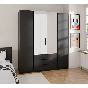 Sale Kleiderschrank mit Spiegel - 3 Schubladen - 200 cm - schwarz - KAJA