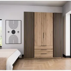 Jetzt Bestellen Kleiderschrank mit Lamellen und 3 Schubladen - 200 cm - Eiche - KAJA