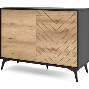 Sideboard 2-türig - 104 cm - Schwarz mit Fischgrätfronten in Eiche - BOULIA Solange Der Vorrat Reicht