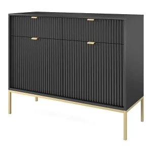 Sideboard Kommode 2-türig - 104 cm - mit 2 Schubladen, Schwarz mit geriffelten Fronten und goldenen Metallbeinen - VELLORE Garantierte Lieferung