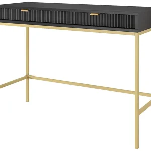 Neuheit Schminktisch Schreibtisch mit Schubladen - 104 cm - Schwarz mit geriffelten Fronten und schwarzen Metallbeinen - VELLORE