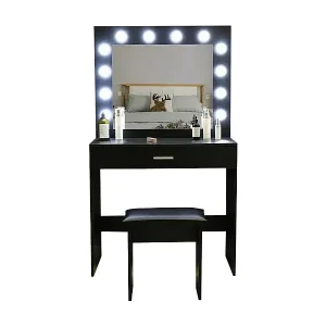 Versand Am Gleichen Tag Schwarzer Schminktisch mit Spiegel mit LED-Lichtern und Hocker Gaia Black