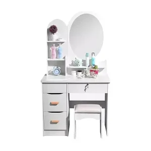 Zertifiziert Schminktisch mit rundem Spiegel und Hocker für das Schlafzimmer Babette