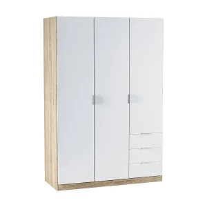 Letzte Chance Garderobe Daband, Schlafzimmerschrank mit 3 Türen und 3 Schubladen, Schrank mit Kleiderstange und 3 Einlegeböden, 121x52h180 cm, Weiß und Eiche