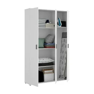 Mehrzweckgarderobe Sillano, Multifunktionaler Besenhalter, Kleiderschrank mit 3 Türen, 116x35h190 cm, Weiß Sonderaktion