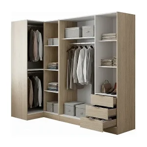 Kleiderschrank Succiso, Eckschrank für Schlafzimmer, Eckschrank mit 5 Flügeltüren, 214x91h184 cm, Eiche Neue Ware
