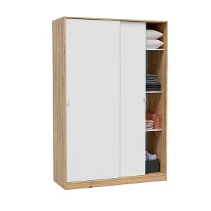 Garderobe Dnoce, Schlafzimmer Kleiderschrank mit 2 Schiebetüren, Schrank mit 3 Einlegeböden und Kleiderstange, 120x50h200 cm, WeiÃŸ und Eiche Nodi Neue Ware