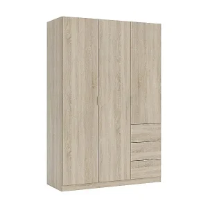 Mega-Angebot Garderobe Fullerton, Schlafzimmerschrank mit 3 Türen und 3 Schubladen, Schrank mit 3 Einlegeböden und Kleiderstange, 135x52h200 cm, Eiche