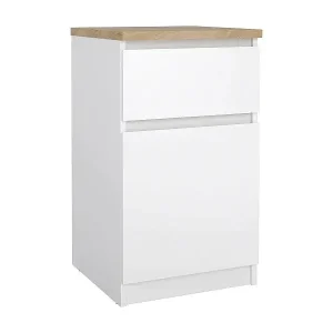 Nachttisch Francoise, Niedrige Kommode, Tisch, Multifunktionaler Nachttisch, 40x40 h70 cm, Weiß und Eiche Schnäppchen