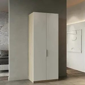 Kleiderschrank 2 Türen Djakobsso, Schlafzimmermöbel, Schrank, Garderobe, 79x51 h203 cm, Eiche und Mattweiß Ausverkauf