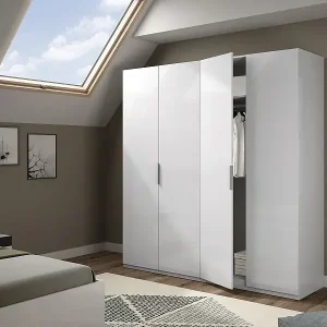 Neue Ware Garderobe Dfusell, Schlafzimmerschrank mit 4 Flügeltüren, Schrank mit 2 Einlegeböden und Kleiderstange, 180x52h200 cm, Weiß