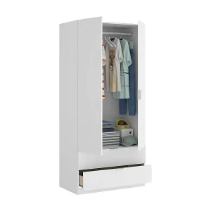 Garderobe Darest, Schlafzimmerschrank mit 2 Türen und 2 Schubladen, Schlafzimmermöbel mit Kleiderstange, 81x52h180 cm, WeiÃŸ Must-Have