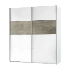 Garderobe Elgin, Schlafzimmer Kleiderschrank mit 2 Schiebetüren, Schrank mit Kleiderstange und 3 Einlegeböden, 180X60h200 cm, WeiÃŸ und Eiche Kostenloser Rückversand