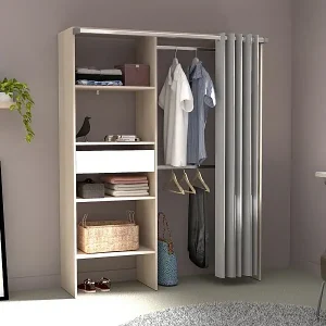 Garderobe mit Vorhang BALI, 4 Regale, 2 Kleiderstangen, 1 Schublade - Akazienholz/Weiß Super-Preis