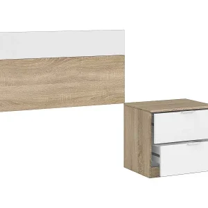Honolulu-Kopfteil, Nachttisch mit zwei Schubladen und Kopfteil für 90 cm breites Einzelbett, 100 x 50 cm, Eiche und Weiß Preisreduziert