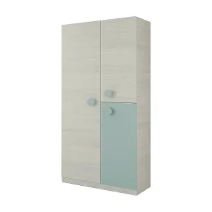 Bestpreis Manchester Kleiderschrank, Kleiderschrank für Kinderzimmer, Schrank mit 3 Türen und 3 Regalen mit Kleiderstange, 90x52h200 cm, Grau und Aquagrün
