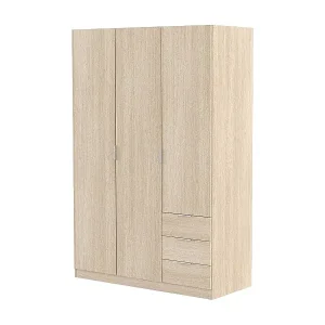 Warren-Kleiderschrank, Schlafzimmerschrank mit 3 Türen und 3 Schubladen, Schrank mit 3 Regalen und Kleiderstange, 121 x 52 x 180 cm, Eiche Rabatt