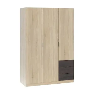 Preiswert Garderobe Daband, Schlafzimmerschrank mit 3 Türen und 3 Schubladen, Schrank mit Kleiderstange und 3 Einlegeböden, 121x52h180 cm, Eiche und Oxid