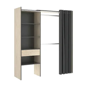 Kleiderschrank Wetterhorn, Rahmen für begehbaren Kleiderschrank mit Vorhang, offene Garderobe, 160 x 50 x 205 cm, Eiche und Anthrazit Geprüft