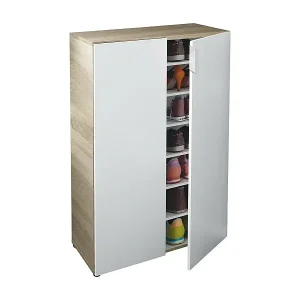 Mehrzweck-Kabinett Dlel, Beistellschrank mit 2 Türen, Niedriger Schuhschrank mit 6 Regalen, Niedriger Schuhschrank, 70x36h103 cm, Eiche und Weiß Super-Preis