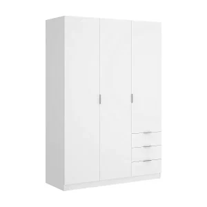 Garderobe Dnespol, Schlafzimmerschrank mit 3 Türen und 3 Schubladen, Schrank mit 3 Einlegeböden und Kleiderstange, 121x52h180 cm, WeiÃŸ Aktuell