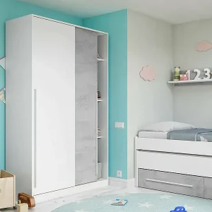 Neue Ware Garderobe Dcelesi, Schlafzimmer Kleiderschrank mit 2 Schiebetüren, Schrank mit Kleiderstange und 3 Einlegeböden, 120x50h200 cm, Zement und Weiß