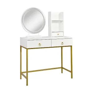 Preis Gesenkt Coiffeuse moderne avec miroir rond lumineux Oracle L90cm Blanc et Or