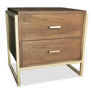 Top-Seller Table de chevet Edgar 2 tiroirs Bois Marron et Métal Or