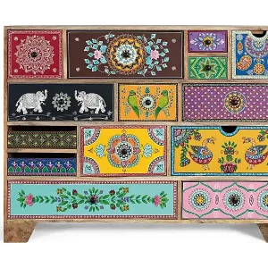 Handbemalte Kommode mit Blumen Elefanten und geometrischen Figuren Expressversand