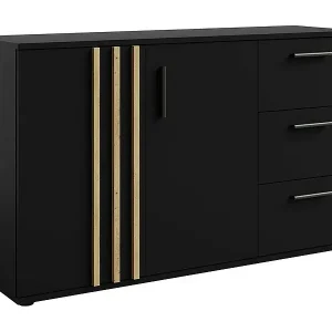 Kommode VARIA - 2 Türen und 3 Schubladen - Modernes Design in Schwarz und Handwerker-Eiche Echt