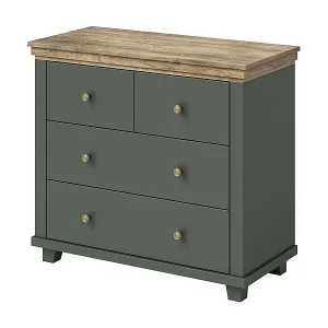 Neuheit Design-Kommode mit 4 Schubladen. Farbe Khakigrün und Eiche. Kollektion ASSIA.