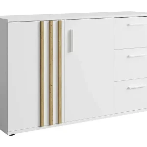 Preiswert Kommode VARIA - 2 Türen und 3 Schubladen - Modernes Design in Weiß und Handwerker-Eiche