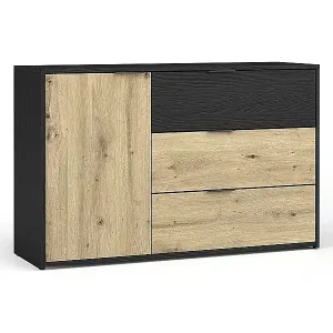 Top-Angebot Kommode MELODY - 3 Schubladen und 1 Tür - 139x80x35 cm - Graphitschwarz und helles Eichenholz