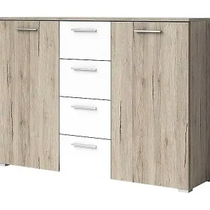 Letzte Chance Design-Kommode mit 2 Türen und 4 Schubladen, 130 cm. Kollektion EOS in hellem Eichen- und Weißdekor.