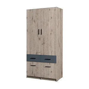 Schrank mit 2 Türen und 4 Schubladen FLEX – Wellington-Eiche und Graphitgrau – Modernes Design mit Kleiderstange Super-Preis