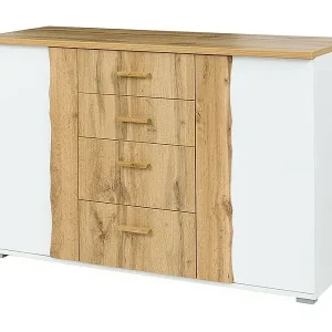 Kommode WOOD mit 4 Schubladen und 2 Türen in Eichen- und Weißfarbe Top-Seller