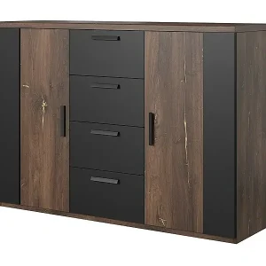 Design-Kommode mit 2 Türen und 4 Schubladen – 130 cm – Dunkles Eichenholz und Schwarz – Kollektion FOX Letzte Chance
