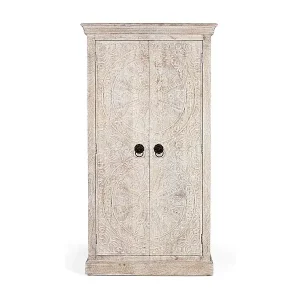 Günstig Kleiderschrank aus Mangoholz mit geschnitzten Türen im Ethno-Stil