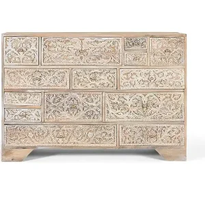 Kommode aus Mangoholz mit 14 handgeschnitzten und bemalten Schubladen Aktuell